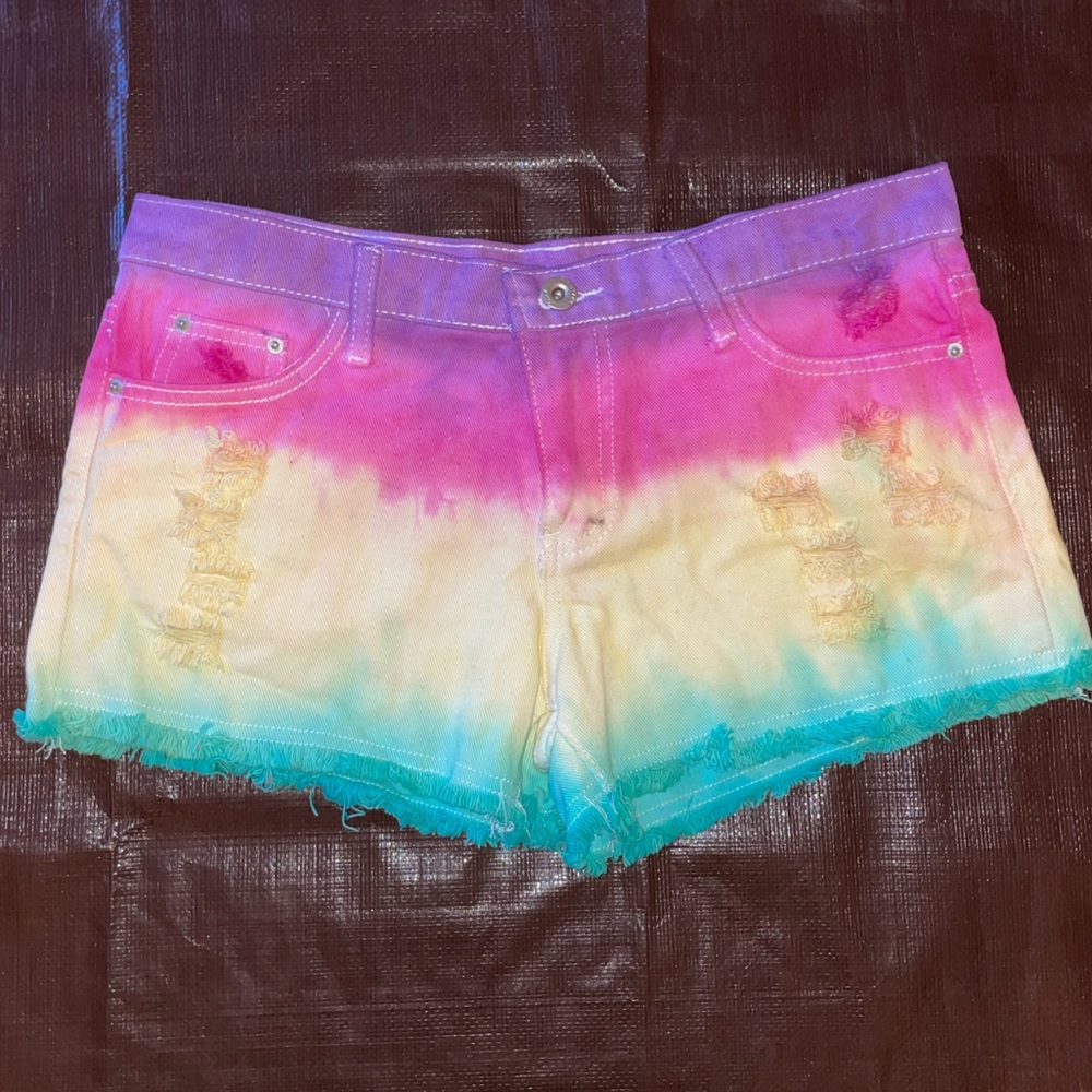 Rainbow shorts pastel tie dye shorts colorful multi-colored jean rave festival